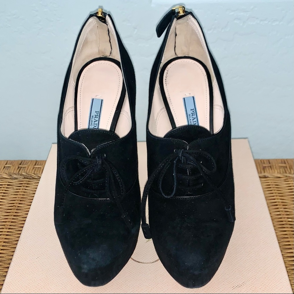 Prada Black Suede Oxfords Lace Up Platform Pumps Sz 37.5 - Picture 3 of 8